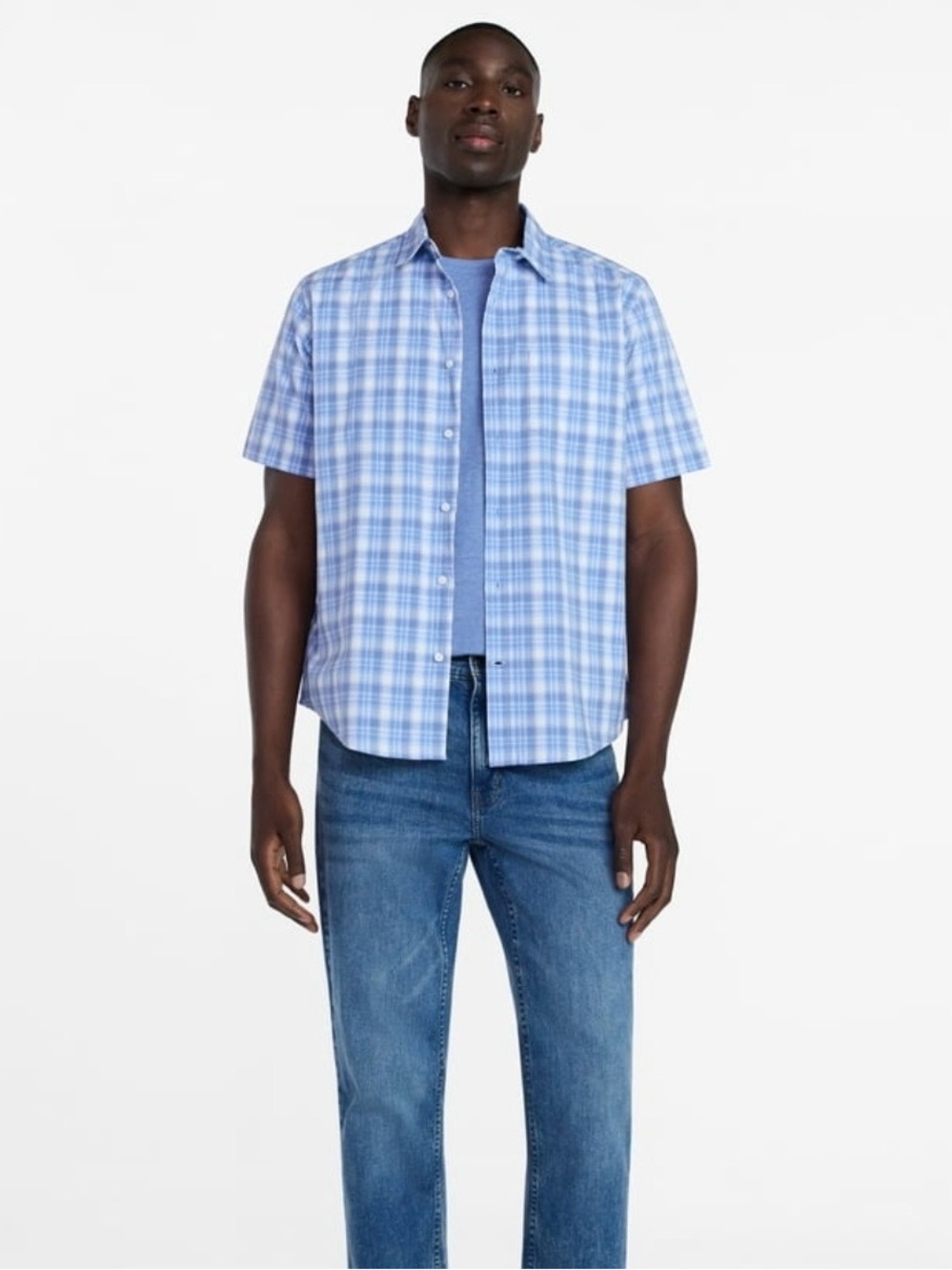 George Light Blue and White Plaid Short-Sleeve Button-Down Shirt